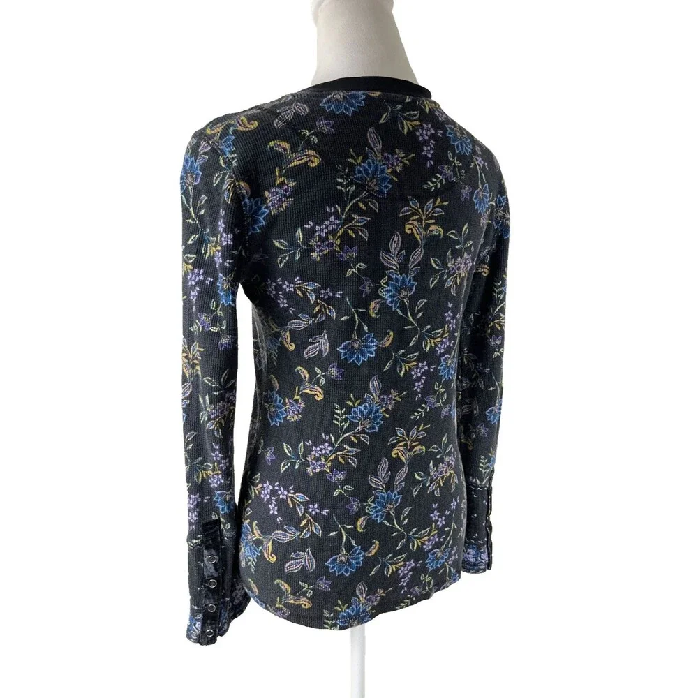 Sundance Loretta Thermal Waffle Knit Tee Long Sleeve Black Wildflower Floral M - Picture 6 of 14